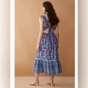 Bohera Rachel DeAnne Tie-Back Midi Dress Blue Pink Floral Size Large